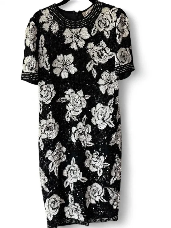 Rare Vintage Joan Leslie Evenings Black Beaded Midi Dress - Picture 1 of 6